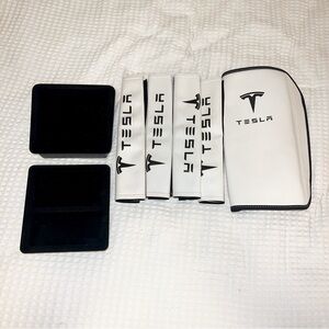 Tesla Model 3 White Leather Seat Belt Covers & Center Console Organizer Set